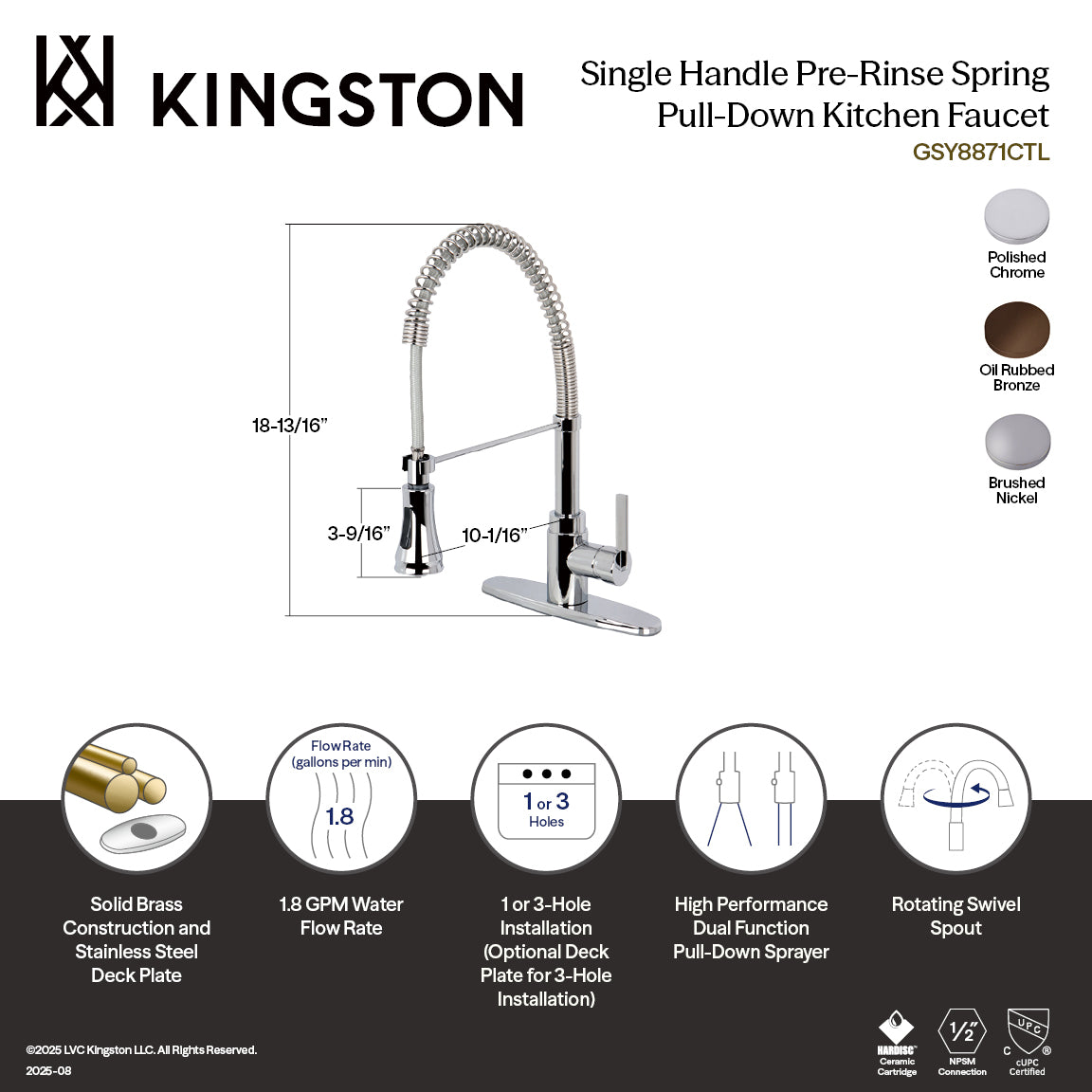 Kingston Sona GSY8878CTL - Continental Single-Handle 1-or-3 Hole Deck Mount Pre-Rinse Kitchen Faucet, Brushed Nickel — thumbnail 3